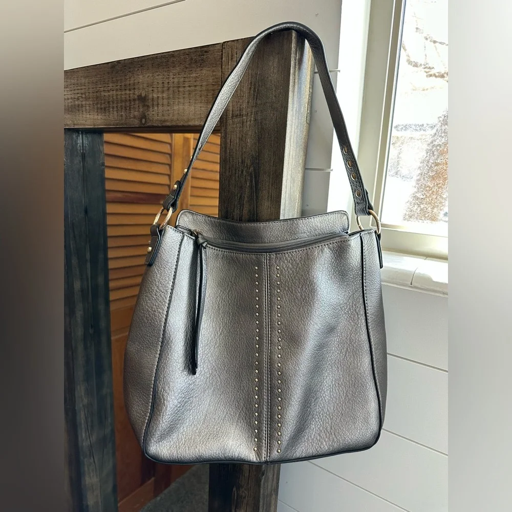 Montana West Studded Shoulder Bag Gray Metallic Faux Leather Western Style Purse